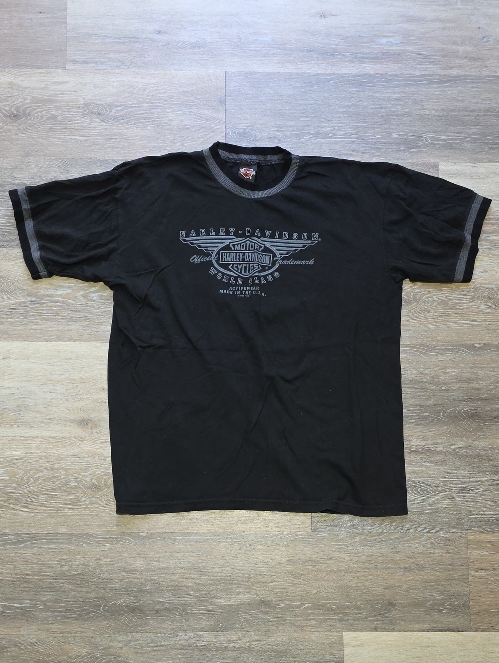 VNTG 1995 Harley Davidson World Class Activewear Ringer T-Shirt Black & Grey L